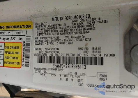 2017 Ford Fusion Titanium z USA, uszkodzony, nr VIN 3FA6P0K92HR396113